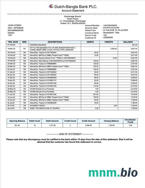 Bangladesz Bank Asia wyciąg z konta Word i szablon PDF